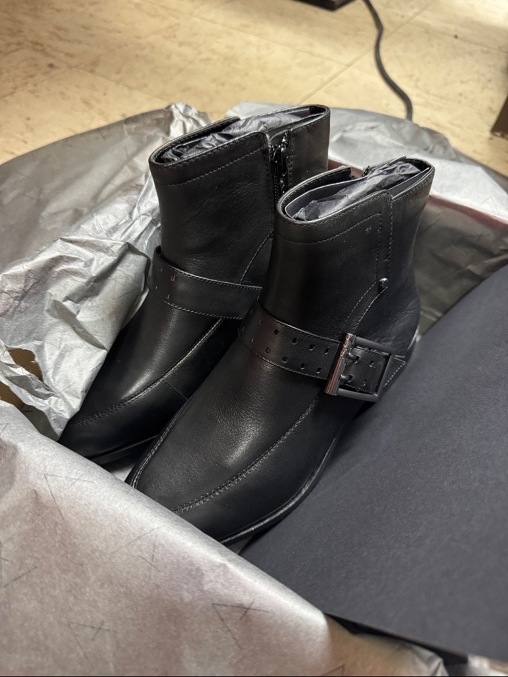 AEROSOLES Black Leather Ankle Booties with Buckle Strap